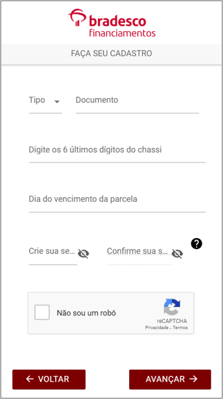 Tela de primeiro acesso no aplicativo de celular